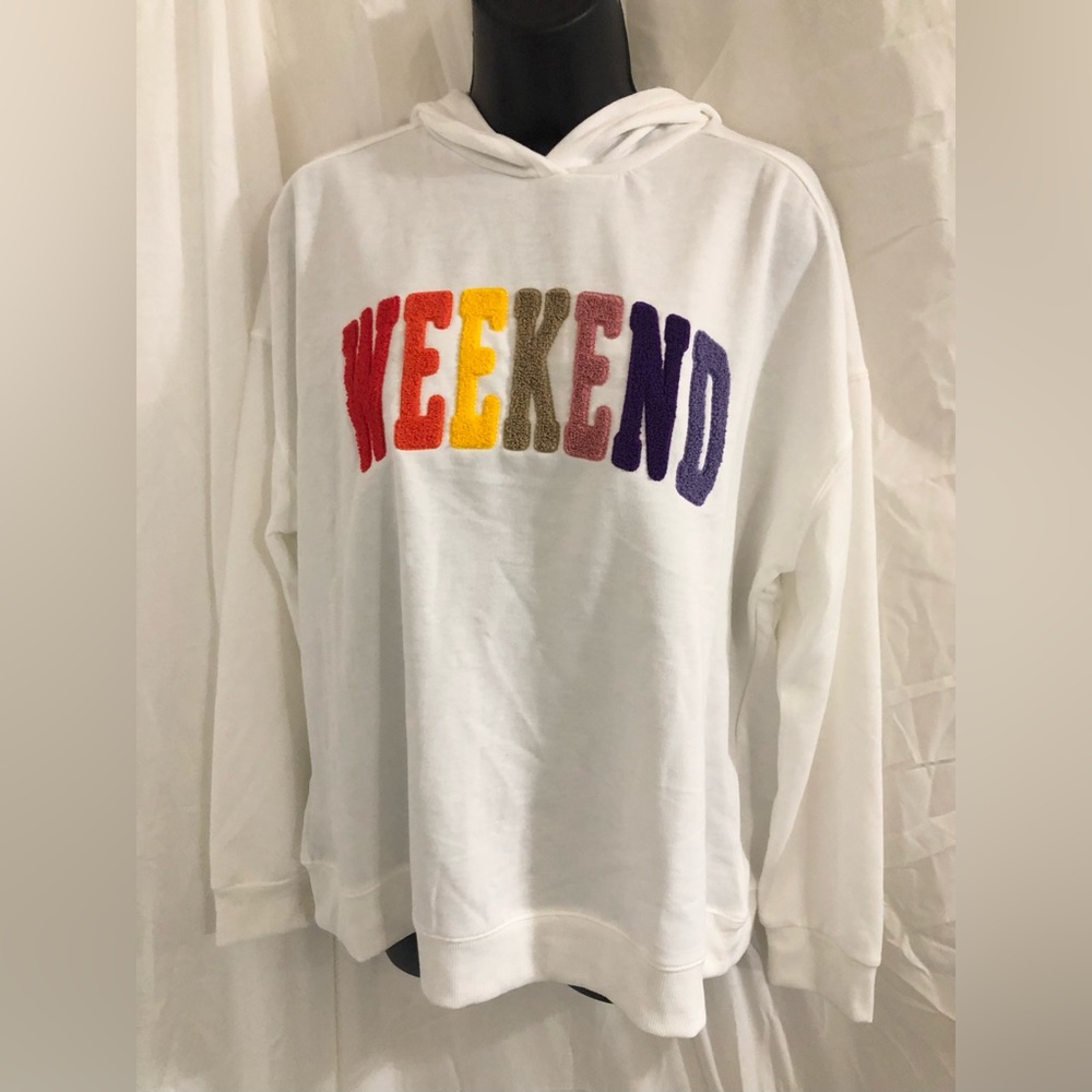 White ombre effect embroidered 'Weekend'  hooded‎ long sleeve tshirt top size L
